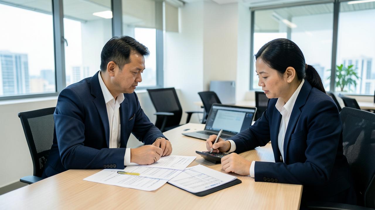 ทีมภาษีสองคนกำลังทบทวนแบบยื่นภาษีและตัวเลขบนโต๊ะประชุม — ภาพประกอบกรณีศึกษา ผู้พัฒนาโครงการรายย่อยที่เพิ่งรู้ว่าต้องเสียภาษีธุรกิจเฉพาะ ไม่ใช่ภาษีมูลค่าเพิ่ม