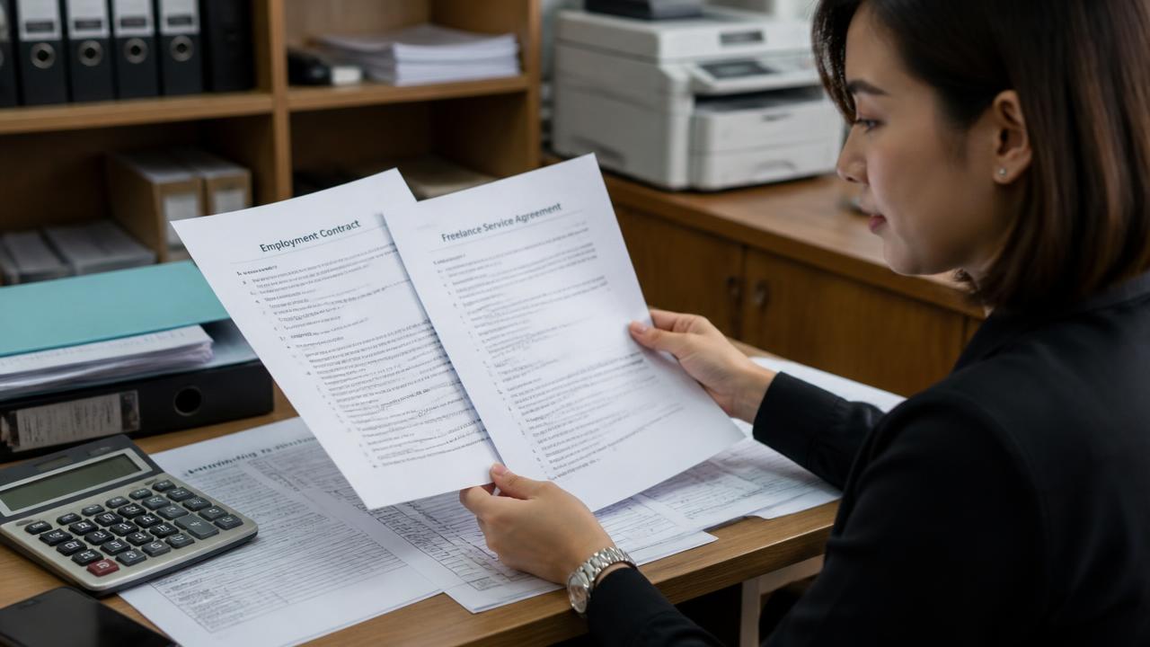 เจ้าหน้าที่ฝ่ายบุคคลเปรียบเทียบสัญญาจ้างแรงงานกับสัญญาจ้างทำของ พร้อมแบบภาษีหัก ณ ที่จ่ายบนโต๊ะ