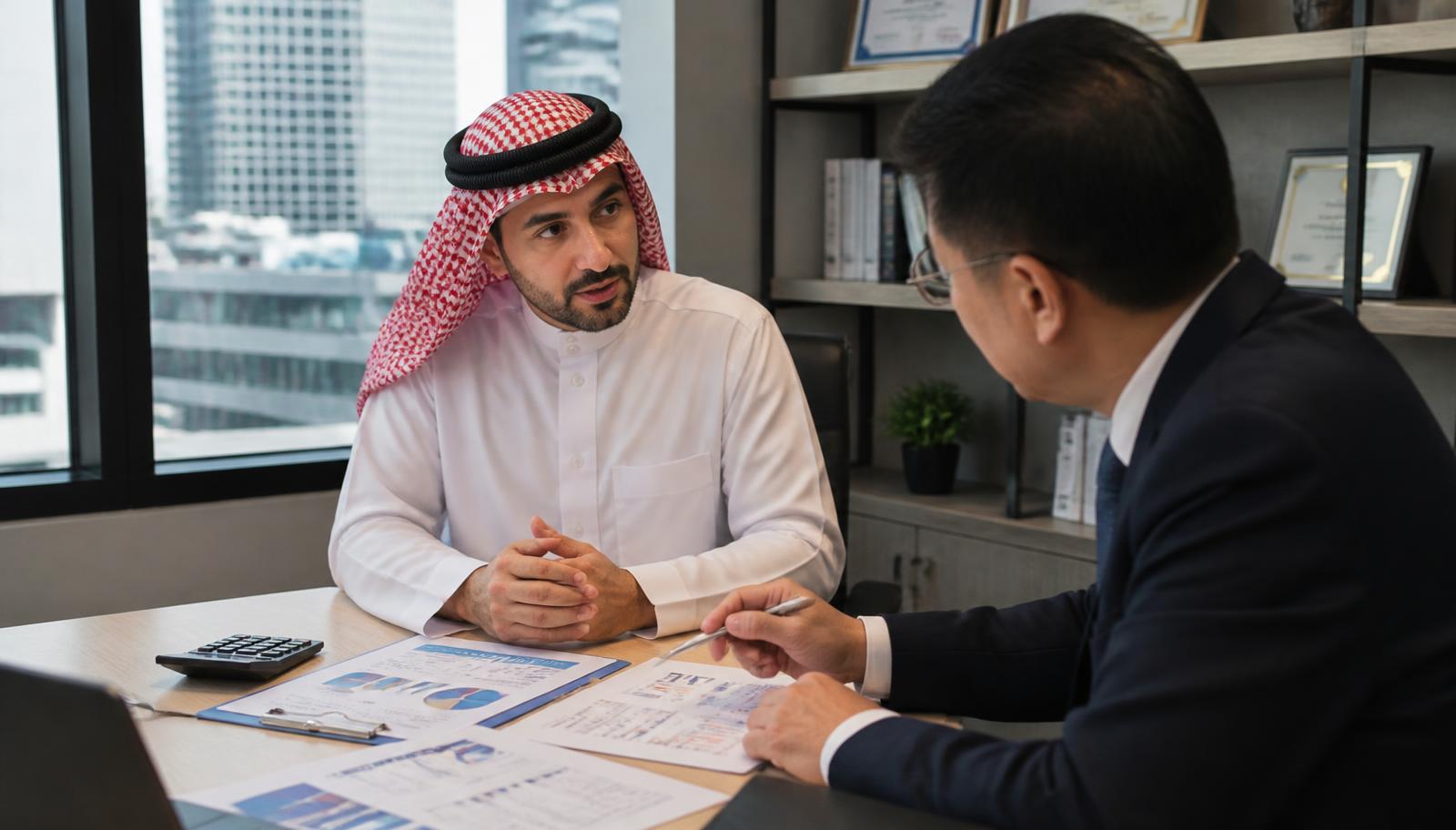 رجل أعمال عربي يراجع القوائم المالية لشركته التايلاندية مع المحاسب في مكتب ببانكوك
