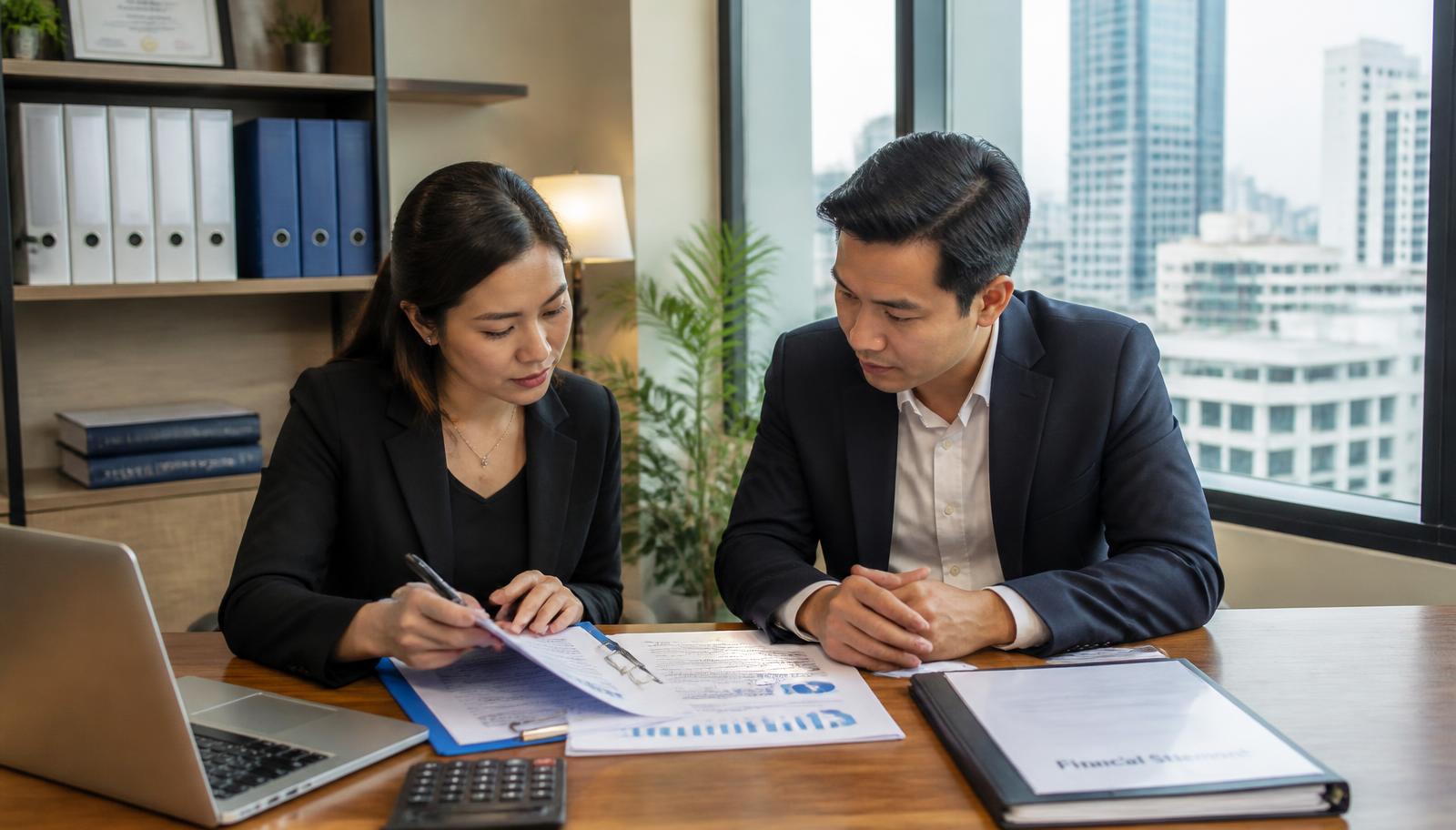 Chủ doanh nghiệp Việt Nam cùng kế toán xem lại báo cáo tài chính công ty Thái Lan tại bàn làm việc ở Bangkok