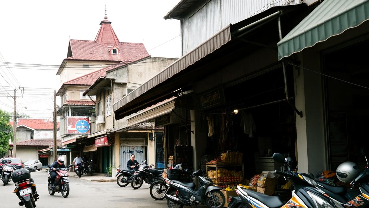 ย่านตึกแถวเก่าในเมืองนครศรีธรรมราช ร้านค้าและรถจักรยานยนต์หน้าอาคาร