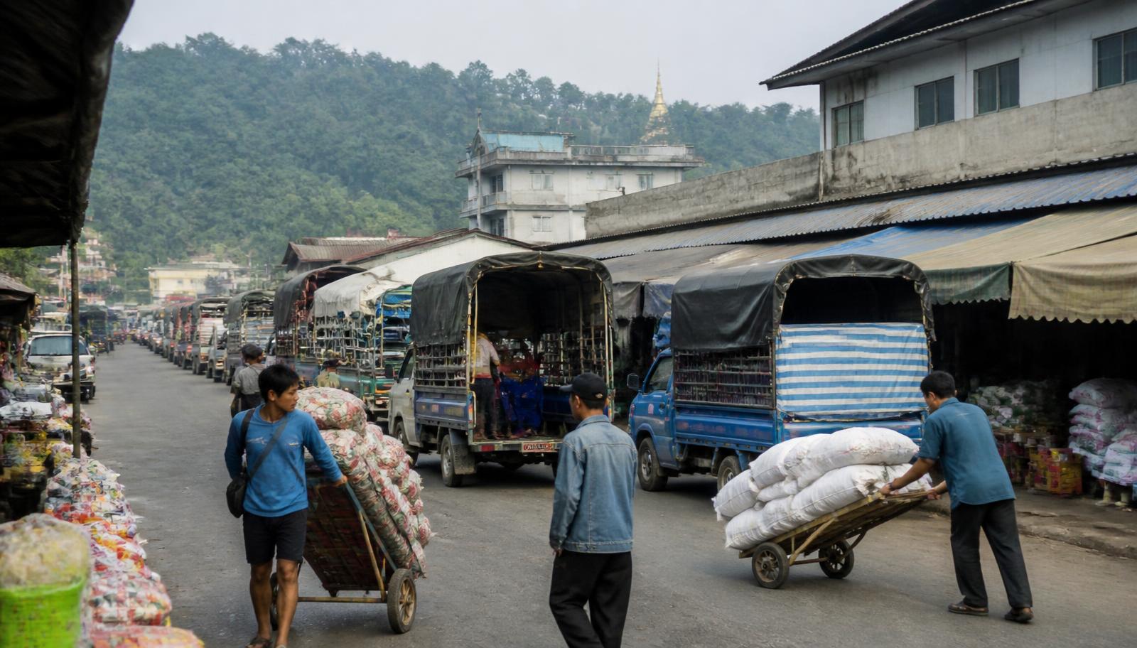 ถนนย่านค้าข้ามแดนในจังหวัดเชียงราย มีรถบรรทุกเล็กและพนักงานขนย้ายสินค้า ภูเขาอยู่เบื้องหลัง