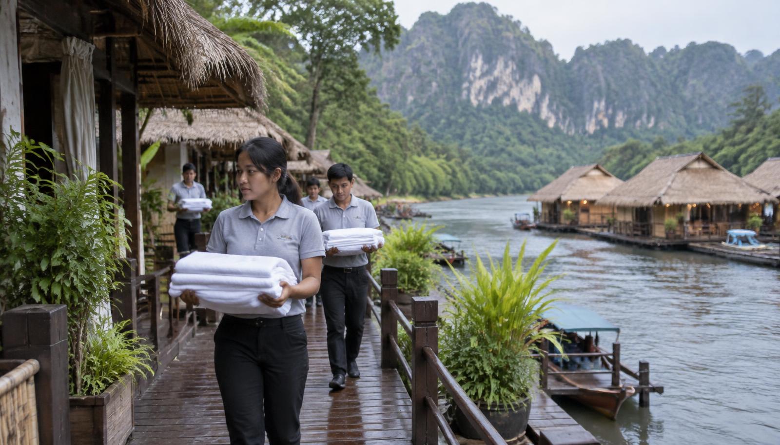 พนักงานที่พักริมแม่น้ำในกาญจนบุรีถือผ้าสะอาดเดินบนสะพานไม้ มีเรือนแพและภูเขาหินปูนอยู่เบื้องหลัง