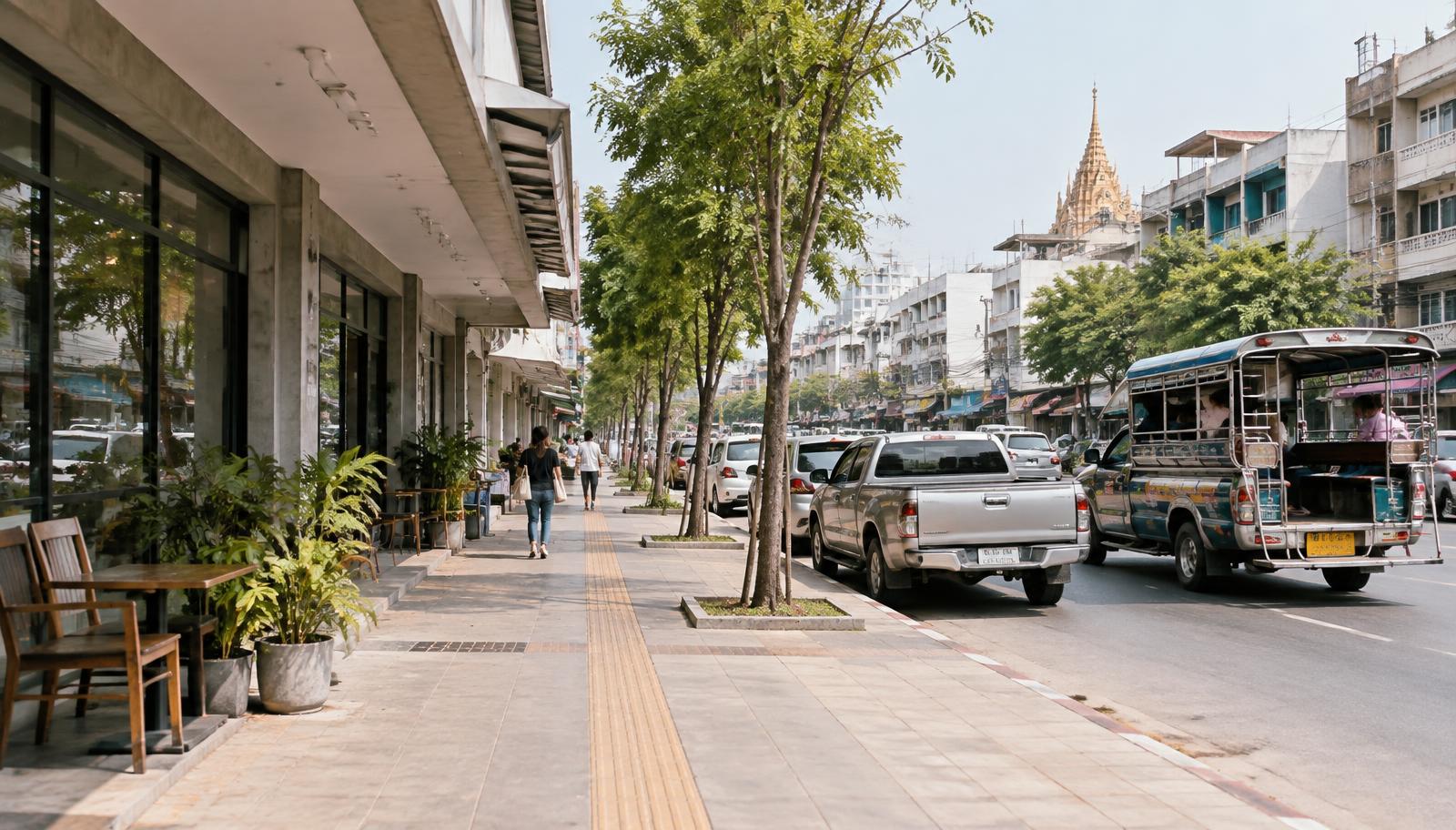 ถนนย่านการค้าในเมืองขอนแก่น มีอาคารพาณิชย์ ร้านค้า และรถสองแถวประจำทาง