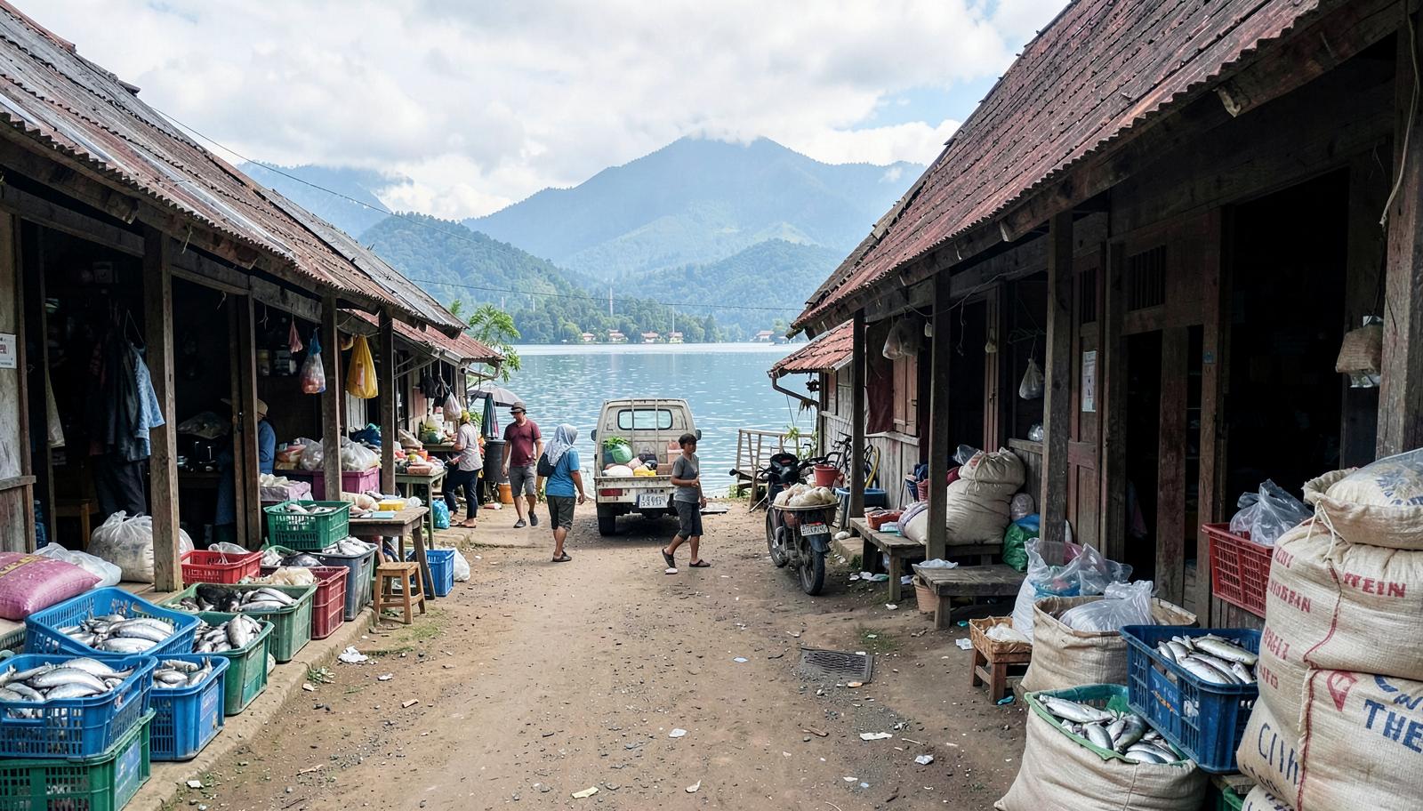 ตลาดริมกว๊านพะเยา มีลังปลาสดและกระสอบข้าววางหน้าเรือนไม้ รถกระบะเล็กจอดริมทาง และทิวเขาอยู่ไกลออกไป