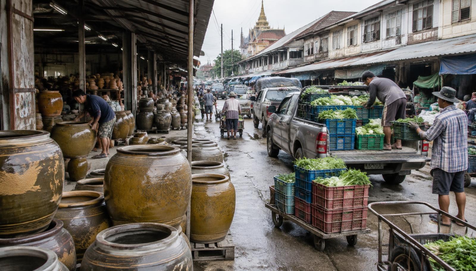 ถนนตลาดในราชบุรีที่มีโอ่งเคลือบวางเรียงและรถกระบะขนลังผักผลไม้