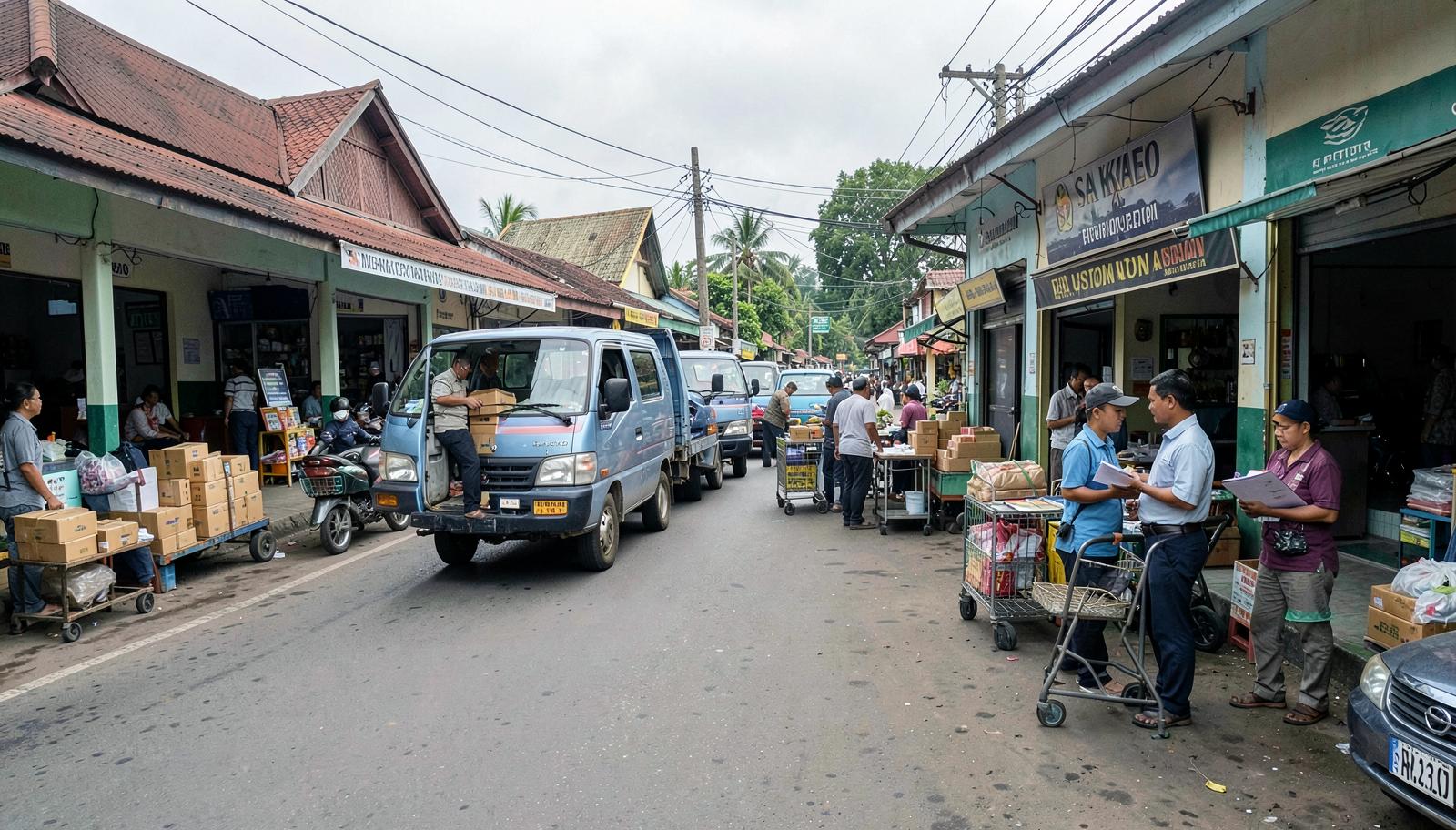 ถนนหน้าด่านชายแดนในสระแก้ว มีรถกระบะขนกล่องสินค้าหน้าอาคารตัวแทนออกของ และคนงานถือเอกสารยืนคุยกัน