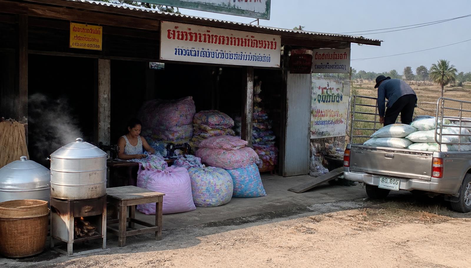 ร้านค้าชุมชนในยโสธร มีหวดนึ่งข้าวเหนียว ถุงผ้าสำหรับทำหมอนขิด และรถกระบะกำลังขนกระสอบ มีทุ่งแห้งอยู่ด้านหลัง