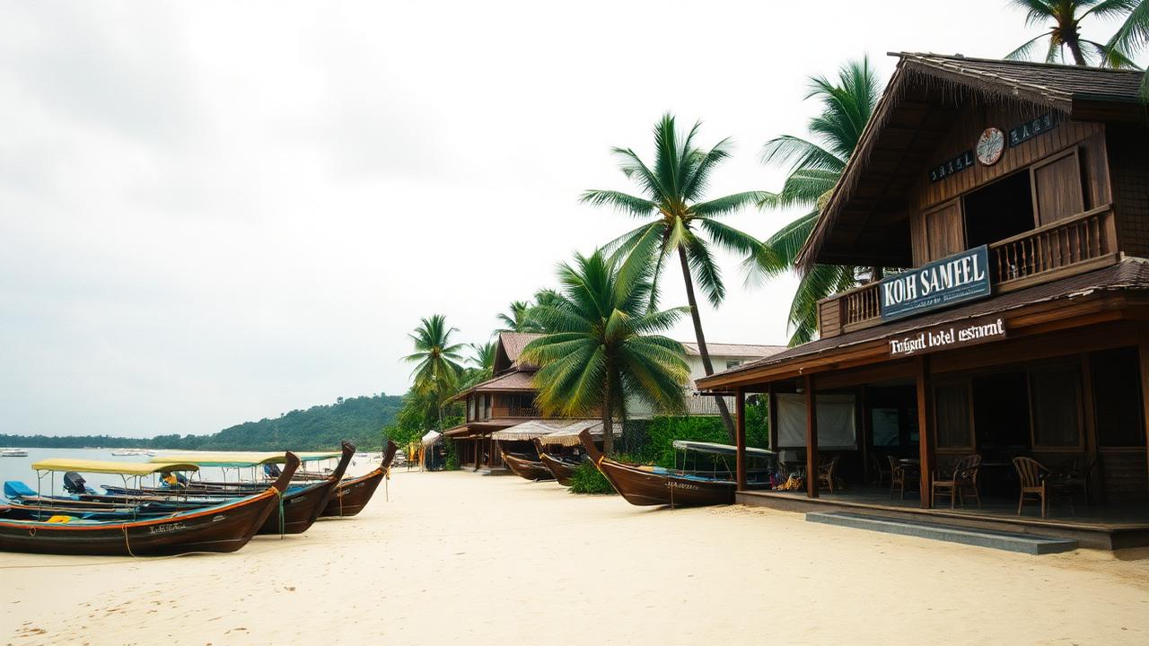 แนวที่พักและร้านอาหารริมหาดบนเกาะสมุย พร้อมเรือหางยาวจอดริมทราย