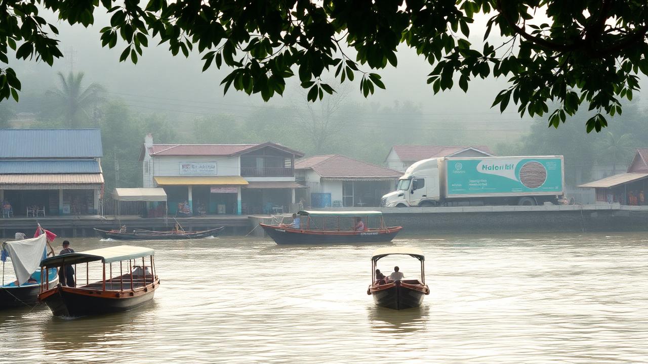 ริมแม่น้ำตาปีในเมืองสุราษฎร์ธานี ท่าเรือโดยสารและรถขนผลผลิตเกษตร
