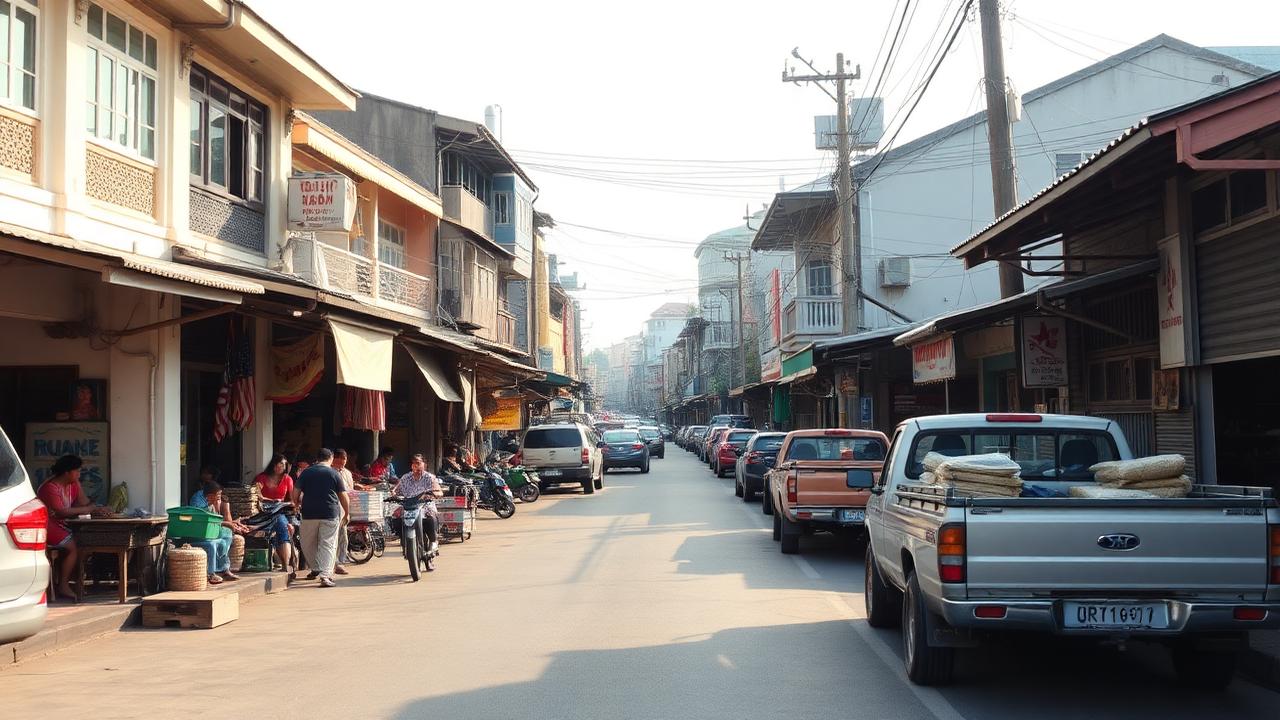 ถนนการค้าในตัวเมืองตรัง ร้านค้าและรถกระบะขนสินค้าเกษตร