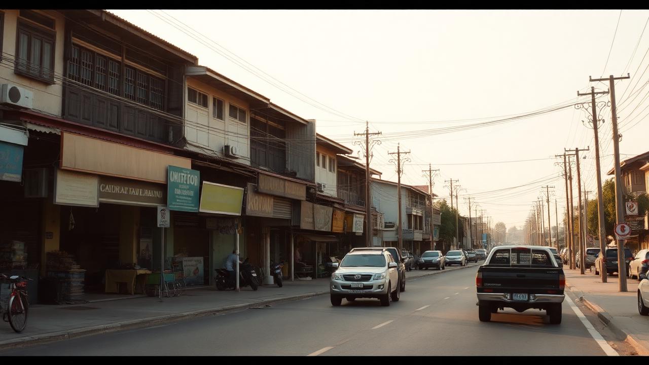 ถนนสายหลักในตัวเมืองอุบลราชธานี อาคารพาณิชย์และรถกระบะขนสินค้าช่วงเย็น